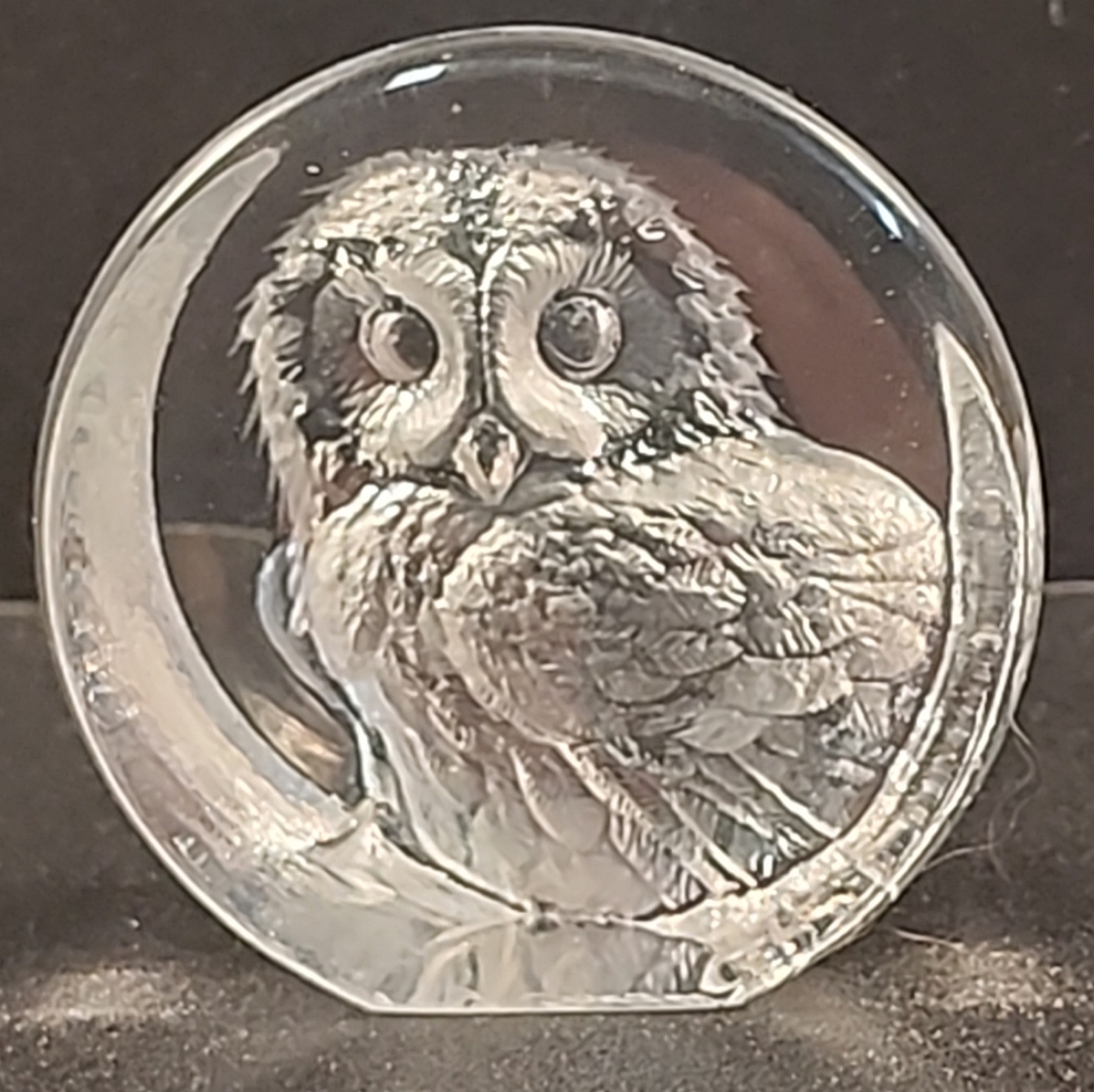 Vintage MATS JONASSON Crystal Owl Paperweight Small Sweden Signed Art Glass